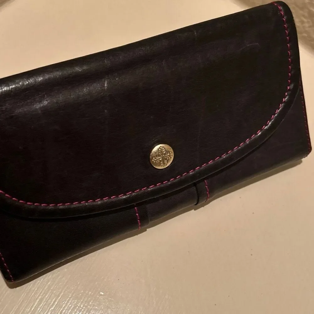 Frame Work Black Leather Long Wallet Hot Pink Contrast Stitch Accent Y2K Style